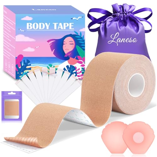 Laneso Klebe BH Push Up Brust Tape, Boobietape BH Rückenfrei Trägerloser BH, 10 Fashion Body Tape 2 Silikon Brüste Nippelpads Trägerlos für Körbchengrößen A-G Light Beige