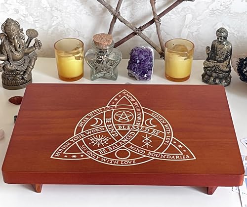 Altartisch, Meditationstisch, kleiner Altartisch, Hexenaltar aus Holz, Wicca-Alterungstisch, buddhistischer Schrein, graviertes Triquetra (der keltische Dreifaltigkeitsknoten) auf Tischplatte, 30,5 x