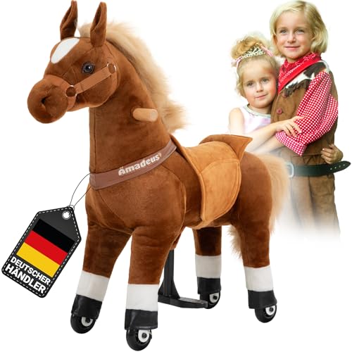 Miweba Pony Amadeus | Reitpferd auf Rollen - Pferd für Kinder - Schaukelpferd - Schaukeltier - Kuscheltier - Spielpferd zum Reiten - Plüschtier - Stofftier - Stehpferd - 4-8 Jahre