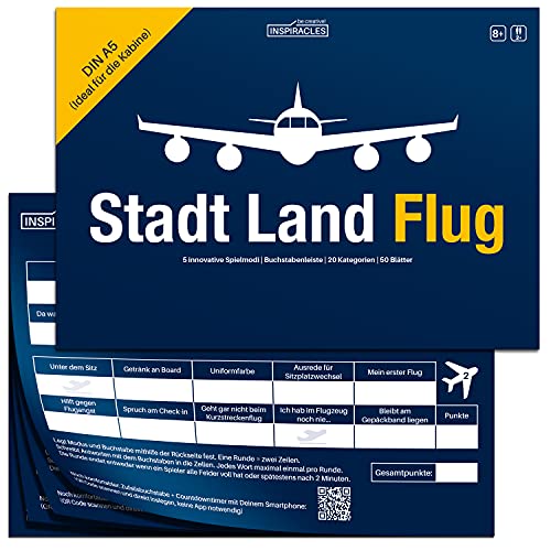 Stadt Land Flug Reisespiel im DIN A5 Format - Stadt Land Fluss Variante für Flugbegleiter, Piloten, Weltenbummler, Vielflieger - Lustiges, Cooles Gadget und Geschenk für erwachsene Reisende