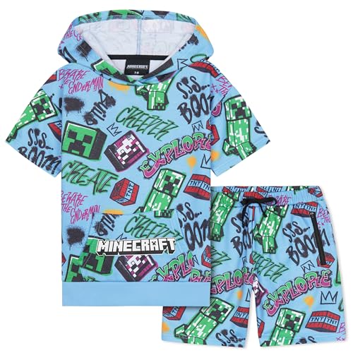 Minecraft Trainingsanzug Kinder Teens 2er Sommer Sport Hoodie Jogginganzug Set Kapuzenpullover für Jungen und Shorts Bekleidungssets (11-12 Jahre, Blau)