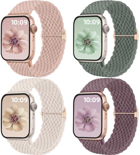 Mastten 4 Stück Geflochtenes Armbänder Kompatibel mit Apple Watch Armband 40mm 41mm 38mm Damen Herren, Elastisches Nylon Stoff Armband-Sport Solo Loop Band für iWatch SE 9 8 7 6 5 4 3 2 1