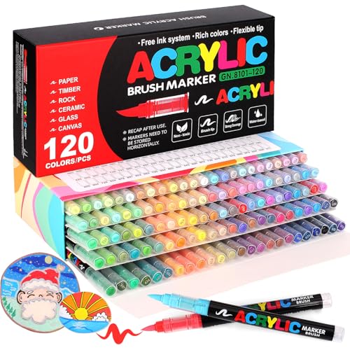 Laconile 120 Farben Acrylstifte für Steine Wasserfest, Brush Tip Acrylic Pens Set, Schnelltrocknend und Ungiftig, Ideal Acrylstifte zum Bemalen für Steinen, Glas, Leinwand, Keramik, Holz, Metall