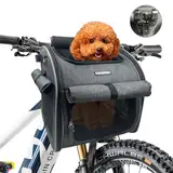 DAISTERN Hundefahrradkorb Vorne, Haustier Rucksack mit Netzfenster, Faltbare Katzentasche Hundetasche bis 6KG mit Weiche wasserdichte Matte und Patentierte Halterung, Multifunktionale Hundebox Grau