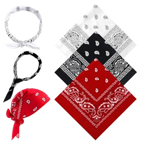 WUSJCOF Bandana Herren Damen Kinder, Set aus 3 Multifunktionalen Paisley Bandanas, 54 x 54 cm, Rotes Weißes Schwarzes Bandana für Haare Hals Kopf Schal Modeaccessoire
