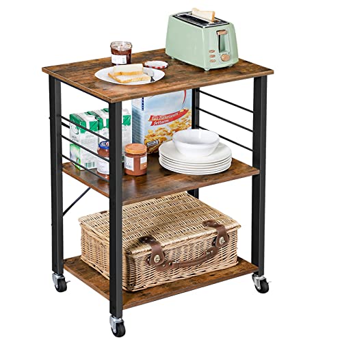 VASAGLE Küchenregal auf Rollen, Servierwagen, 3 Ebenen, Küchenwagen, für Mini-Backofen, Mikrowellen, Metallrahmen, 6 Haken, 40 x 60 x 89 cm, vintagebraun-tintenschwarz KKS60XV1