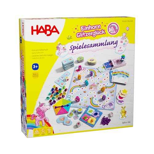 Haba Einhorn Glitzerglück Spielesammlung - 9 abwechslungsreiche Würfel-, Brett-, & Kartenspiele - Mit Einfachen Regeln - Made in Germany - Für Kinder ab 3 Jahren - 2010879001