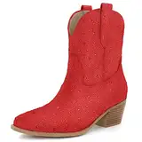 STALOV Cowgirl-Stiefel, genähte Stiefeletten für Frauen, spitzer Zehenbereich, niedriger klobiger Absatz, bestickt, Western-Cowboystiefel, Rote Strasssteine, 38 EU