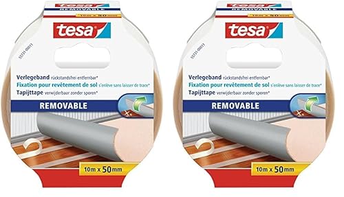 tesa Verlegeband rückstandsfrei entfernbar - Gewebeverstärktes, doppelseitiges Klebeband zum Verkleben von Teppich- und PVC-Bodenbelägen - 10 m x 50 mm (Packung mit 2)