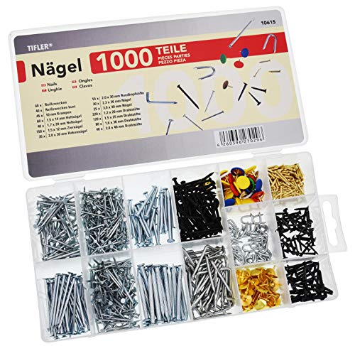 1000 Nägel und Stifte im Set, 14 verschiedene Arten und Größen im Sortimentskasten