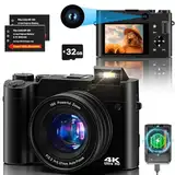 Digitalkamera Fotokamera 4K Dual Kamera 64 MP Anti-Shake Vlogging Fotokamera mit 32GB Speicherkarte, 16X Digitalzoom, 2 Akkus& Ladegerät，und Einsteiger Kompaktkamera für Jugendliche