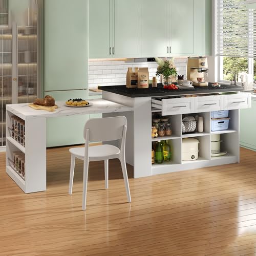 DRIXNO Multifunktionale Kücheninsel mit 150cm+96cm, weißer ausziehbarer Esstisch, schwarz/weiß marmorierte Holzarbeitsplatte/Tisch, integrierte Stauschränke