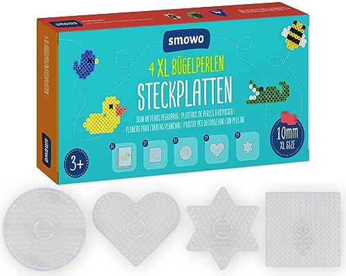 Smowo® 10mm Bügelperlen Platten in vielen Formen - Set mit 4 Steckplatten und Vorlagen - Rund, Stern, Viereck, Herz - Große Stiftplatten für Kinder ab 3 Jahre