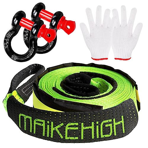 MAIKEHIGH Abschleppseil 5M x 5cm, 10 Tonnen (22,000 Lbs) Tow Rope Kit Für Off-Road Recovery mit 2 Verstärkten Haken, 2 Handschuhen (Grün)