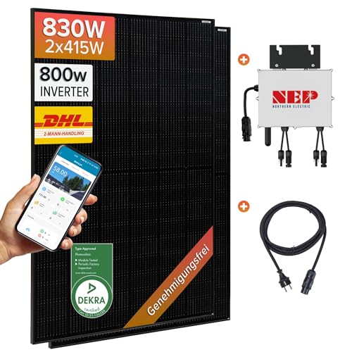 NuaSol Balkonkraftwerk 830W Solarmodul (2x415W) | 800W Wechselrichter | All Black Photovoltaik Solaranlage Steckfertig WIFI Smart | Plug & Play