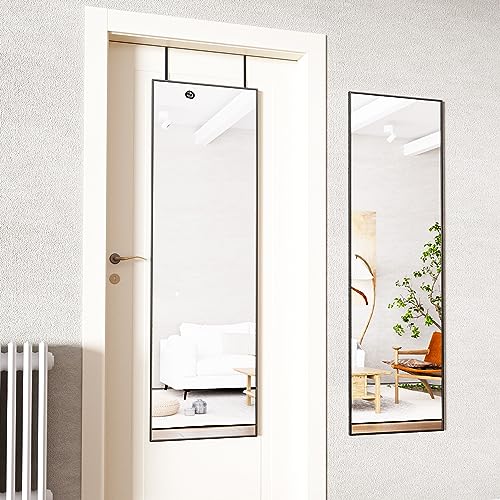 Koonmi Ganzkörperspiegel, 35x122cm Türspiegel Wandspiegel mit 2 höhenverstellbaren Hängehaken über der Tür, Hängespiegel mit Rahmen aus Aluminiumlegierung für Garderobe und Schlafzimmer, Schwarz