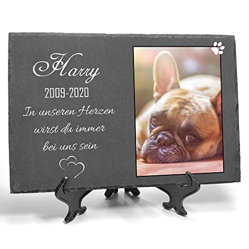 TULLUN Individueller Personalisiert Tiergrabstein Schiefer Gedenkstein + Ständer für Hund, Katze und andere Haustiere - Größe 20 x 30 cm - Personalisiert Text und Foto