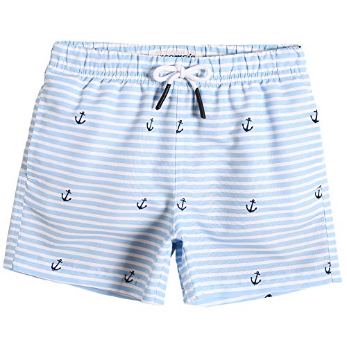 MaaMgic Kleine Jungen Badeshorts Schnelltrocknend Boardshorts mit Mesh-Futter Taschen und Verstellbarem Tunnelzug MEHRWEG, Blau Weiß Anker, 3 Jahre