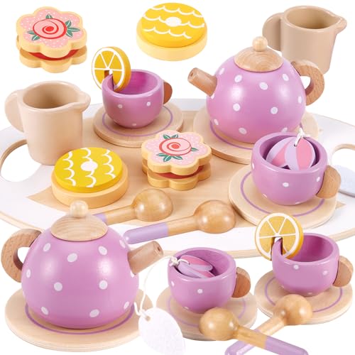 AOLEVA Teeservice Holz Tee Set Kinderküche Zubehör Teeparty Spielküche Holzspielzeug Rollenspiele Geschenk für Kinder Mädchen Jungen