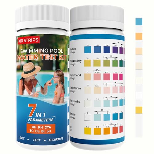 7IN1 Pool Teststreifen for Whirlpool, Spa, 100 Stück Wassertest-Set Genauer Chemischer Tester Pool Tester für Brom, Gesamtalkalität, pH-Wert, freies Chlor, Gesamthärte, Cyanursäure (7IN1) (7IN1)
