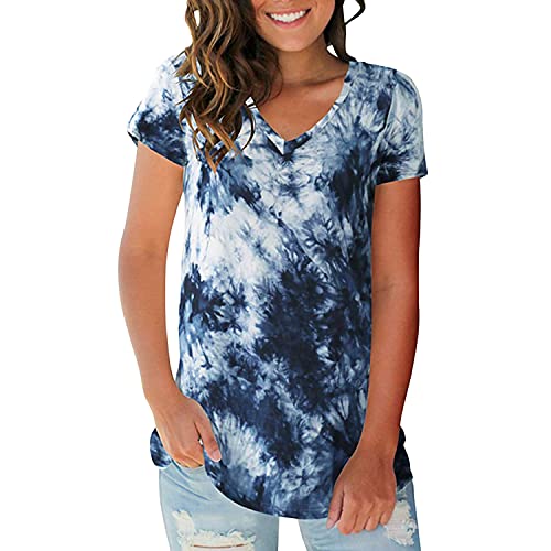 Sommer-Tie-Dye-Kurzarm-T-Shirts FüR Damen LäSsige Bluse Mit Lockerer Passform Sommer-Grundlegende T-Shirts Tunika-Oberteile (XXL,Navy Blau)