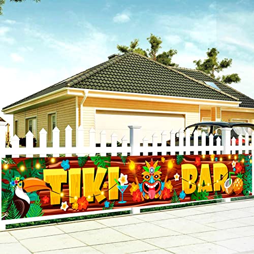 DPKOW Tiki Bar Banner für Hawaii Party Deko, Hawaiian Tropische Party Banner Luau Tiki Fotohintergrund für Tiki Bar Deko, Strand Pool Party Banner Sommerparty Deko Babyparty Geburtstag, 270 x 40 cm