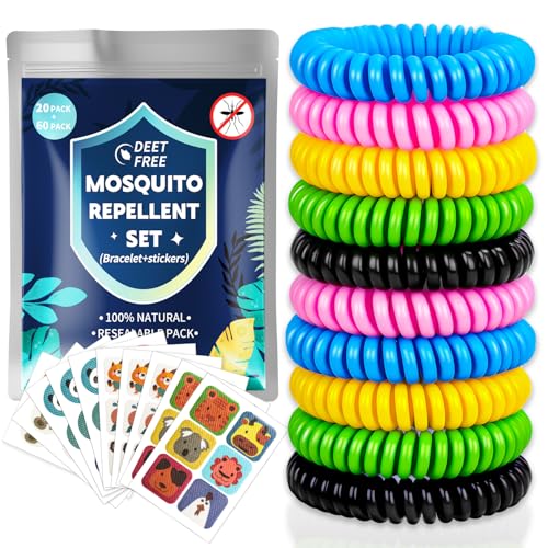 20 Stück Mückenarmband, Mückenschutz Armband mit 60 Mückenschutz Pflaster, Anti Mücken Mückenabwehr Armband für Kinder und Erwachsene, Moskito Schutz Insektenschutz Armband für Outdoor Camping