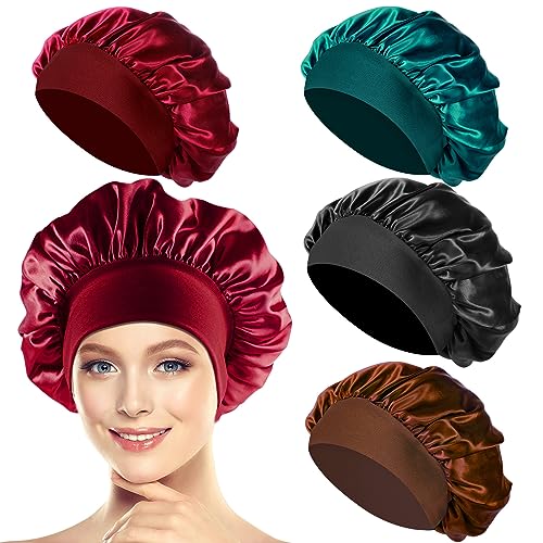 PAEFIU 4 Stück Seidenhaube zum Schlafen, Schlafhaube Seide Satin Haarhaube Atmungsaktive Haarhaube für die Nacht Weiche Silk Bonnet Schlafmütze für Damen und Mädchen (Schwarz, Rot, Cyan, Kaffee)