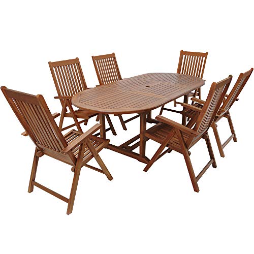 Casaria® Gartenmöbel Set Holz 6 Stühle mit Tisch Wetterfest FSC®-Zertifiziert Schirmständer Armlehnen Klappstühle Garten Terrasse 7-TLG. Eukalyptus