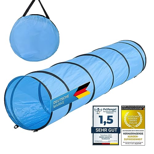 GOODS+GADGETS Hunde Agility Tunnel - Hundetunnel Spieltunnel Agilitytunnel Hundehöhle inkl. Heringe und Transporttasche (200 x 43 cm)