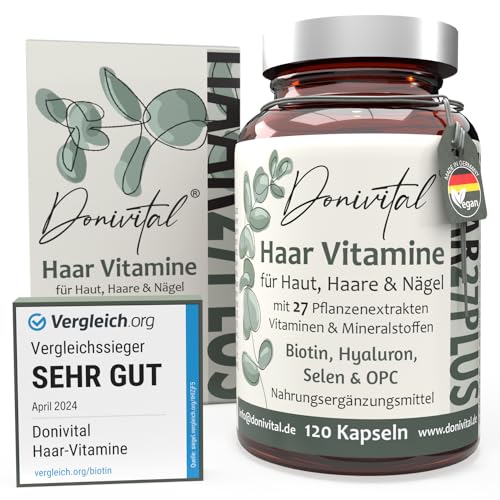 Haar-Vitamine Testnote SEHR GUT - 27 Wirkstoffe - Hochdosiert Biotin Zink Selen zum Erhalt normaler Haare. Hyaluron Hirseextrakt alle B-Vitamine. 120 Kapseln für Frauen, Männer & Bart - Vegan