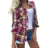 DGZTWLL Karierte Flanellhemden für Damen, trendiges Büffelhemd, Übergröße, langärmelig, lässig, Button-Down-Shirt, Bluse, Top, A1-Hot Pink, Klein