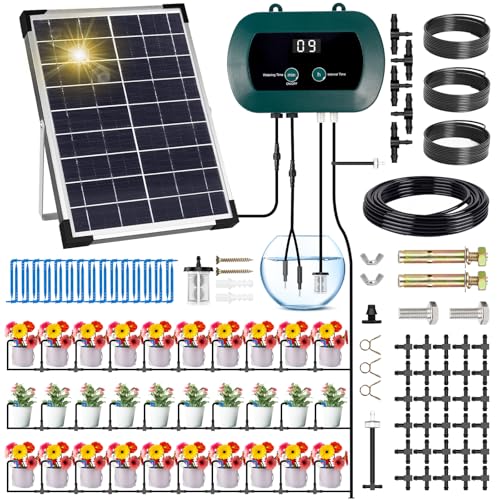 GUHAOOL Solar Bewässerungssystem, Automatische Bewässerungssystem Garten für 30 Topfpflanzen, Tröpfchenbewässerung System mit Timer und 35M Schlauch für Garten,Balkon Pflanzen,Kübelpflanzen im Freien