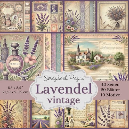 Vintage Scrapbook Papier-Kollektion: Seitenanzahl: 40 Seiten (20 Blätter) Designs: 10 verschiedene Designs mit Lavendel-Motiven im Vintage-Stil Größe: 8,5 x 8,5 Zoll (21,59 x 21,59 cm)