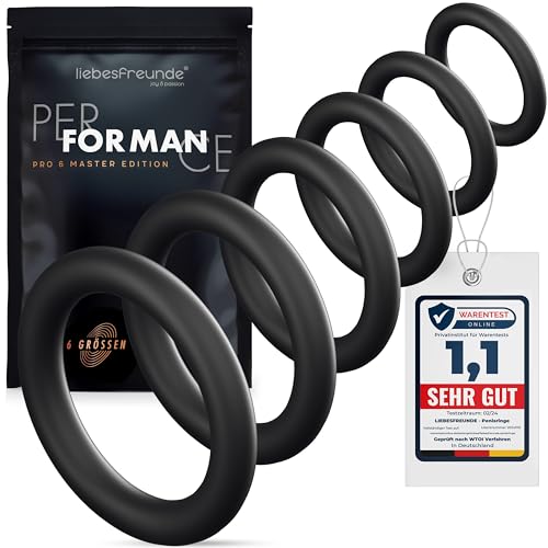 Liebesfreunde® Deluxe Penisring Set - 6 dehnbare Cockringe für härtere Erektionen, Penis- und Hodenringe für Männer - Perfekte Passform, Sex Spielzeug für Paare, schwarz