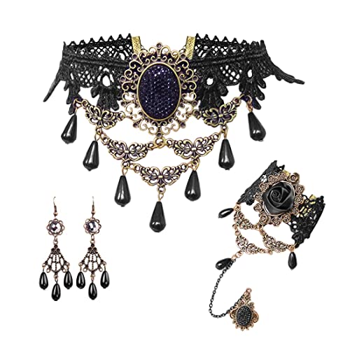 Aabellay Gothic Spitze Choker Halskette Armbänder Ohrringe Damen Schwarz Kette Gotisch Kostüm Fingerlose Handschuhe Retro Victorian Collier Vintage Halsband Halloween Halskette Set- FY004