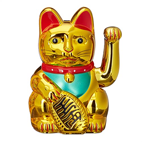 Relaxdays Maneki Neko Winkekatze, Glücksbringer, 16 cm, gold