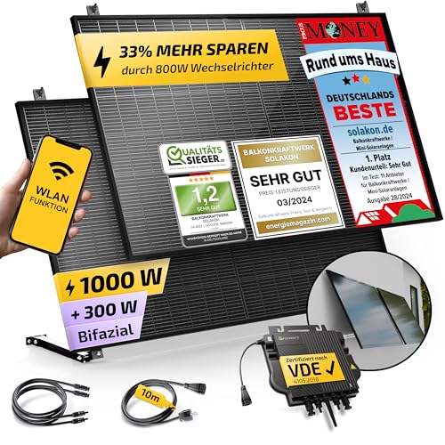 Solakon® 1000W Balkonkraftwerk mit Halterung (Wand) - Balkonkraftwerk 800W komplett Steckdose - neuester 800 Watt Wechselrichter - Solaranlage Komplettset - 500W bifaziale Solarmodule inkl. Zubehör