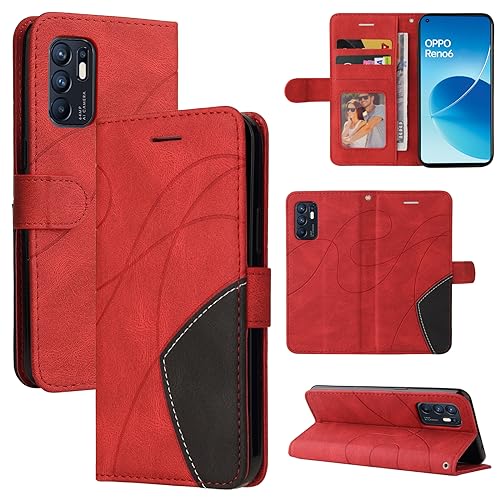 FERLAN Handyhülle für Oppo Reno 6 Hülle mit Premium PU Leder Flip Case,Magnetverschluss,Standfunktion,Kartenschlitz Case Schutzhülle für Oppo Reno 6 - Rot