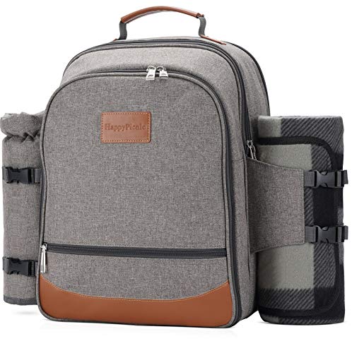 HappyPicnic Isolierter Picknickrucksack für 4 Personen mit komplettem Geschirr, geräumigem Kühlfach, Flaschenhaltern und großem wasserdichtem Picknick-Teppich