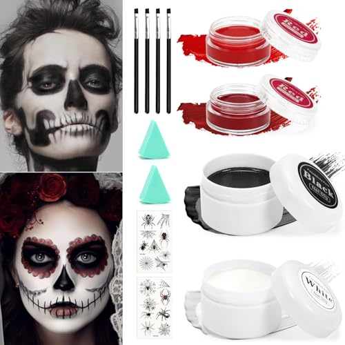 Halloween Schminke Set, Halloween Make Up Set für Erwachsene Kinder, Halloween Schminke Schwarz Weiß Rot für Theaterschminke, Halloween Gesicht Schminke für Clown Vampir Zombie Skelett Makeup