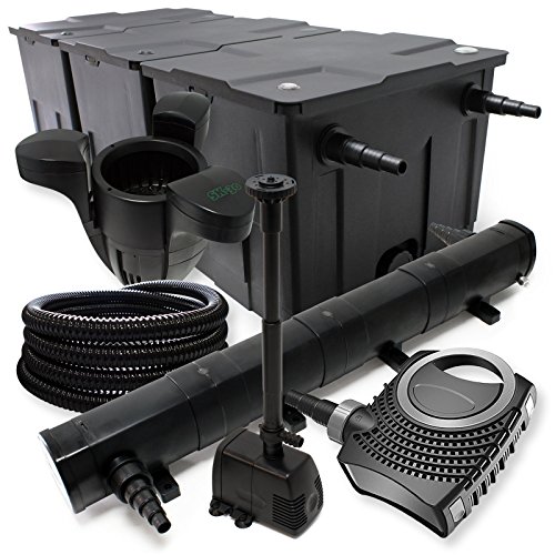 Wiltec Komplettset: CBF-350C Teichfilter bis 90000 L, NEO10000 Teichpumpe 10000l/h 80W, CUV-272 Teichklärer 72W, 25m Teichschlauch 25 mm, SK-30 Skimmer 2500l/h 45W, HJ-943 Springbrunnen 800l/h 16W