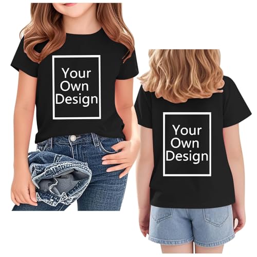 Tshirt Bedrucken Lassen für Mädchen/Jungen - Personalisiertes T-Shirt Selbst Gestalten mit Foto Text, Vorne/Hinten, Custom Shirt Individuelle T-Shirts für Kinder und Teeneger Geschenk Schwarz 150