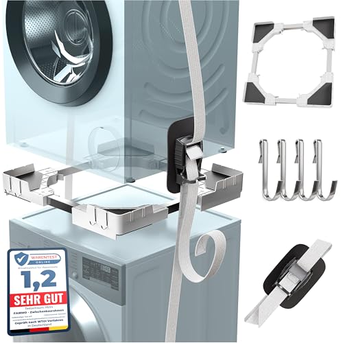 Der verstellbare Zwischenbaurahmen Trockner Waschmaschine (universal 46-66cm) inkl. 4x Haken - Waschmaschinen Verbindungsrahmen (400kg Belastung) - Trockner auf Waschmaschine stellen Verbindungsrahmen