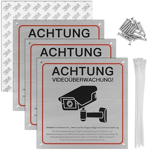 15x15CM Schild Videoüberwachung, 4 Stück Schild Kameraüberwachung, Hinweisschild Videoüberwachung mit Bohrlöcher, Aluminium Kamera Überwachung Schild für Innen Außen