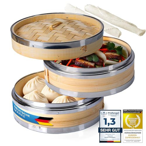 Dimono® Dampfgarer Bambus mit Edelstahl, 2 Etagen Bambus-Dämpfer mit Deckel, Bambus Dämpfaufsatz und Dampfkorb Reiskocher Bambusgarer für Sim Sum Dumplings, Gemüse, Reis, Fleisch und Fisch (Ø 20 cm)