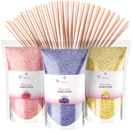 Misskandy®, Zuckerwatte Zucker (Farbstoffe ohne Azofarbstoffe) / 3 * 160Gr)/Erdbeere, Heidelbeere, Zitrone /zuckerwattemaschine zucker/Aromazucker + 20 Stäbchen (Free)