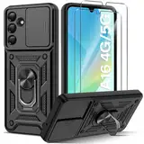 Guisessy für Samsung Galaxy A16 5G / 4G Hülle, für Samsung A16 Handyhülle Kameraschutz Slide Camera und 2 Stück Schutzfolie, Drehbarer Fingerring Ständer Stoßfest Schutzhülle - Schwarz