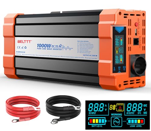 Wechselrichter Spannungswandler 12V auf 230V Reiner Sinus Wechselrichter 1000W Inverter mit EU Steckdosen,USB Ausgang und LCD-Anzeige Spitzenleistung 2000W für Kfz LKW Camping Notfall Haushaltsgeräten