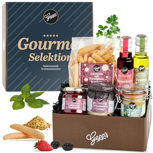 Gepp’s Feinschmecker Geschenkkorb I Geschenk mit feinsten Delikatessen wie Trüffelöl und Erdbeer-Champagner Aufstrich, hergestellt nach eigener Rezeptur I Gourmet-Geschenkidee